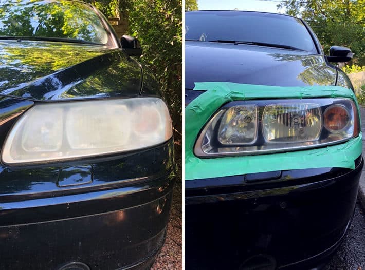 Volvo S60 headlight before and after restoration